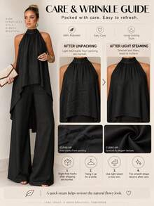 Women's 2-Piece Set, Elegant Solid Color Front Short Back Long Twist Halter Neck Top And Long Pants, Suitable For Party, Vacation, Street, Date In Spring/Summer Black - Black - View 8