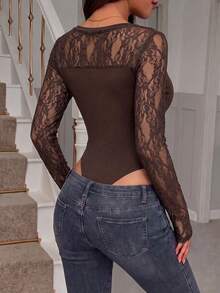 Women's Floral Lace Long Sleeve Bodysuit, Round Neck Contrast Color Mesh Patchwork Slim Fit Casual - Brown - View 2