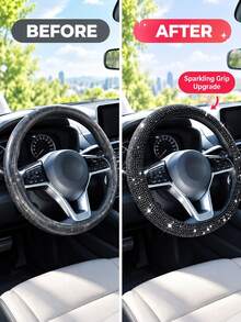 1 pieza Funda de volante con strass, diseño elástico sin anillo interior para volantes de 14.2-15.3 pulgadas, accesorio brillante para el interior del coche - Multicolor - Ver 2