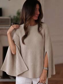 Plus Size Women's Fashion Vacation Knit Top With Slit Cuffs And Round Neck, Versatile - Beige - View 6