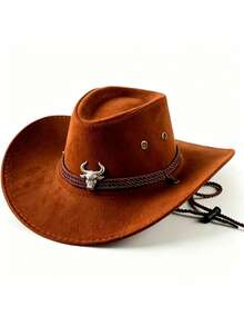 1pc Unisex Western Cowboy Hat, Sun Protection Jazz Hat, Suitable For All Seasons, Ideal For Outdoor Activities, Horse Riding, Gatherings And Photography. Foldable And Easy To Carry. - Double-rope Plush Cow - View 6