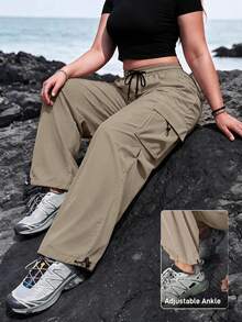 Women's Y2K Cargo Pants, Elastic Waist Wide Leg Sweatpants With Side Pockets, Adjustable Cuffs, Streetwear Style Solid Color Casual Straight Leg Pants, Joggers - Khaki - View 1