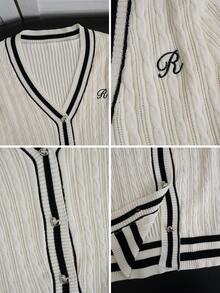 2026 Collegiate Style Color-Block Striped Cable Knit Cardigan, V-Neck Heart Metal Button Cropped Cable Knit Jacket, Letter Embroidery Slim Fit Long Sleeve, Spring/Autumn Campus Commute Outfit, Soft Textured Knit 18-35 Women's Slimming Cardigan - Apricot - View 9
