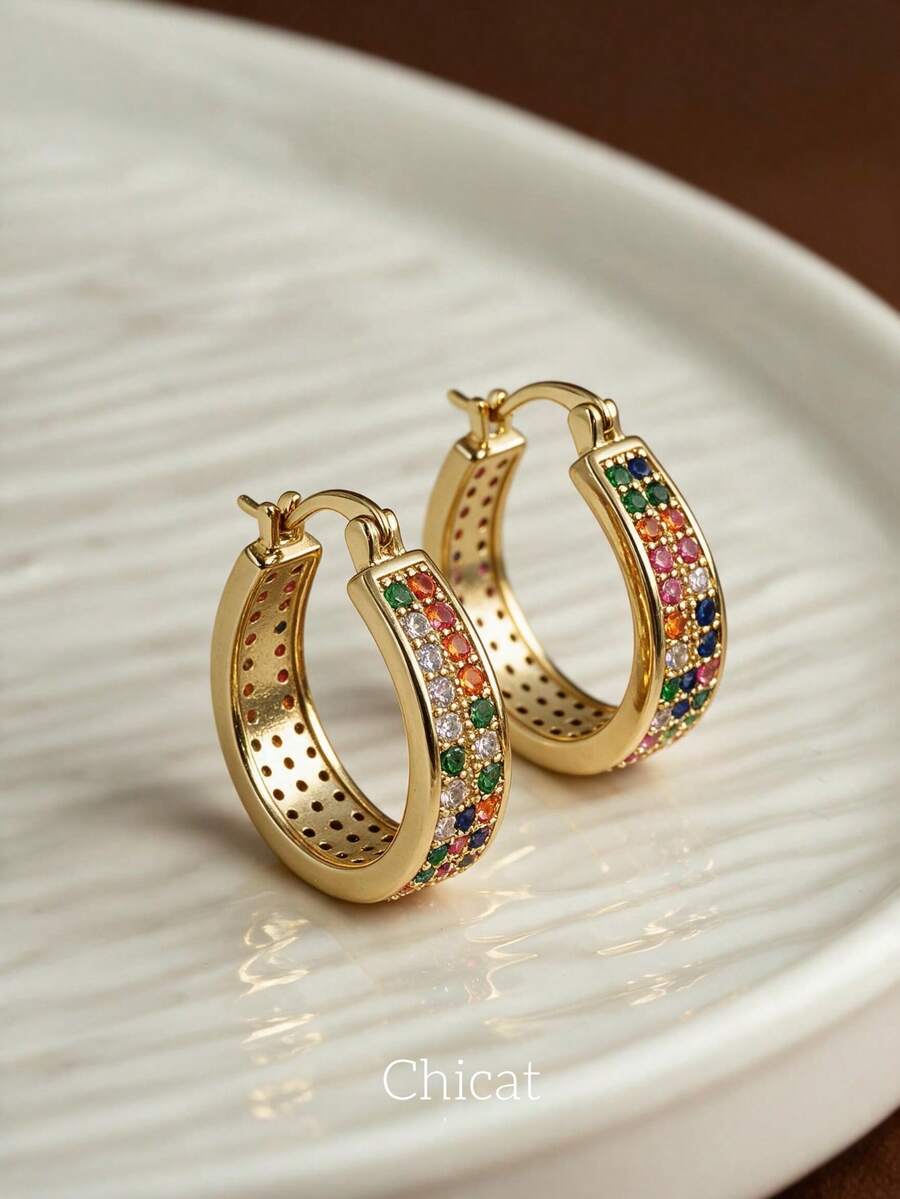 CHICAT 1 Pair Elegant Fashion Gold Multi-Color Synthetic Zirconia Oval Hoop Earrings, Lever Back Design, Suitable For Women's Party Jewelry
