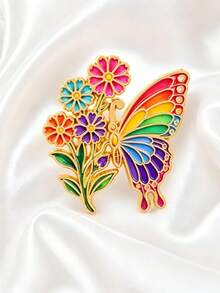 Rainbow Butterfly Flower Brooch, Colorful Floral Insect Decoration, Versatile Accessory For Suit, Coat, Bag, Holiday Gift Decorative Badge - Multicolor - View 1