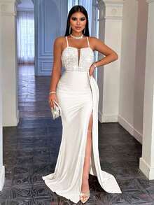 CHOSMO Plus Size Women's Elegant Home, Vacation, Date, Formal Evening, Music Festival, Party, Wedding Dress With Patchwork Sequin, Side Slit Hem And Spaghetti Strap - White - View 5
