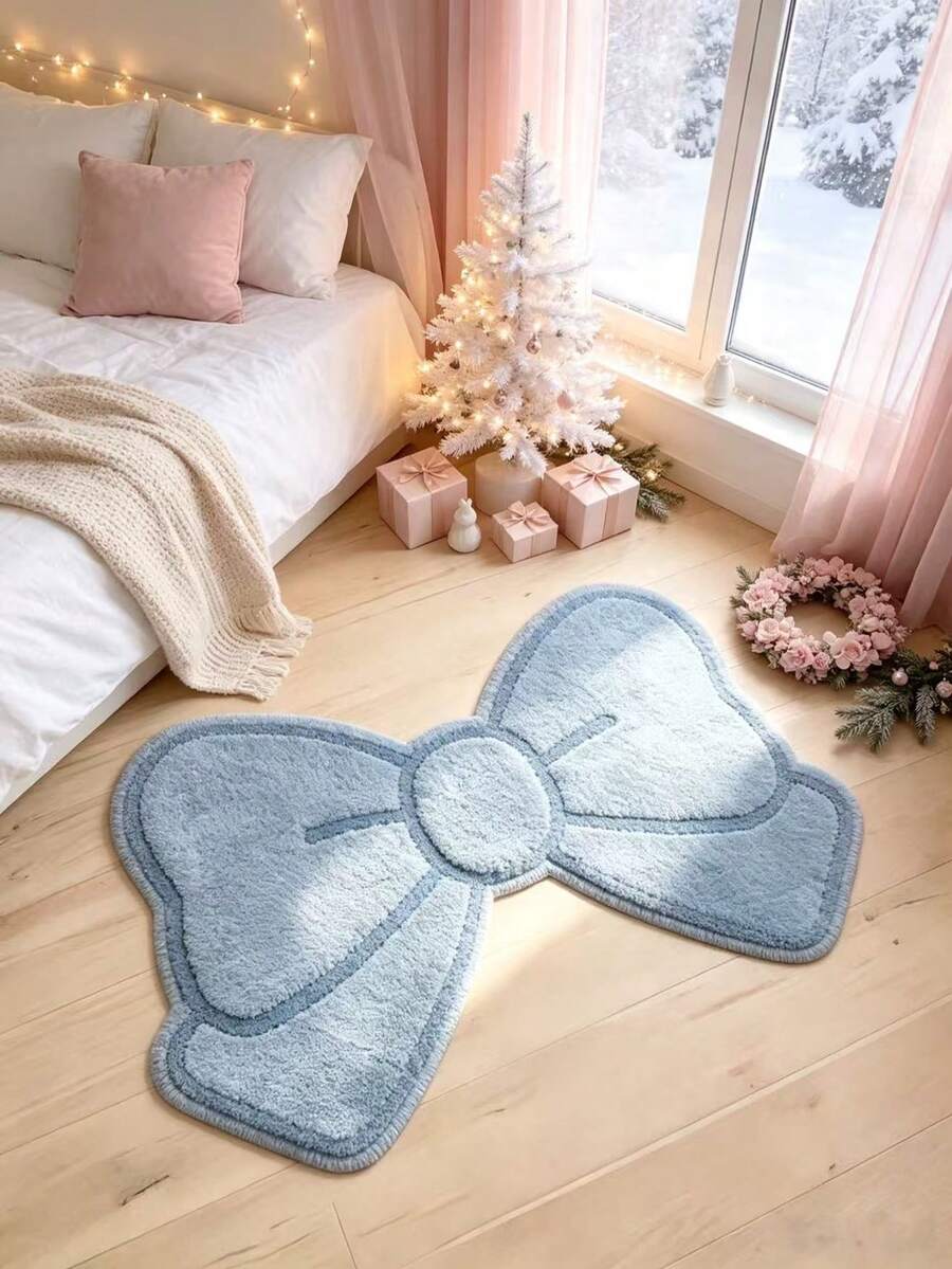 1pc European Countryside Style Light Blue Living Room/Entryway Rug, French Romantic Blue Bow-Shaped Plush Bedroom Carpet, Modern Minimalist Solid Color Soft Dressing Room/Vanity Decorative Rug, Washable Carpet, Customizable Size With 1-5cm Tolerance