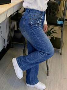 Women's Casual Straight Leg Denim Jeans With Pockets And Buttons - Dark Wash - View 4