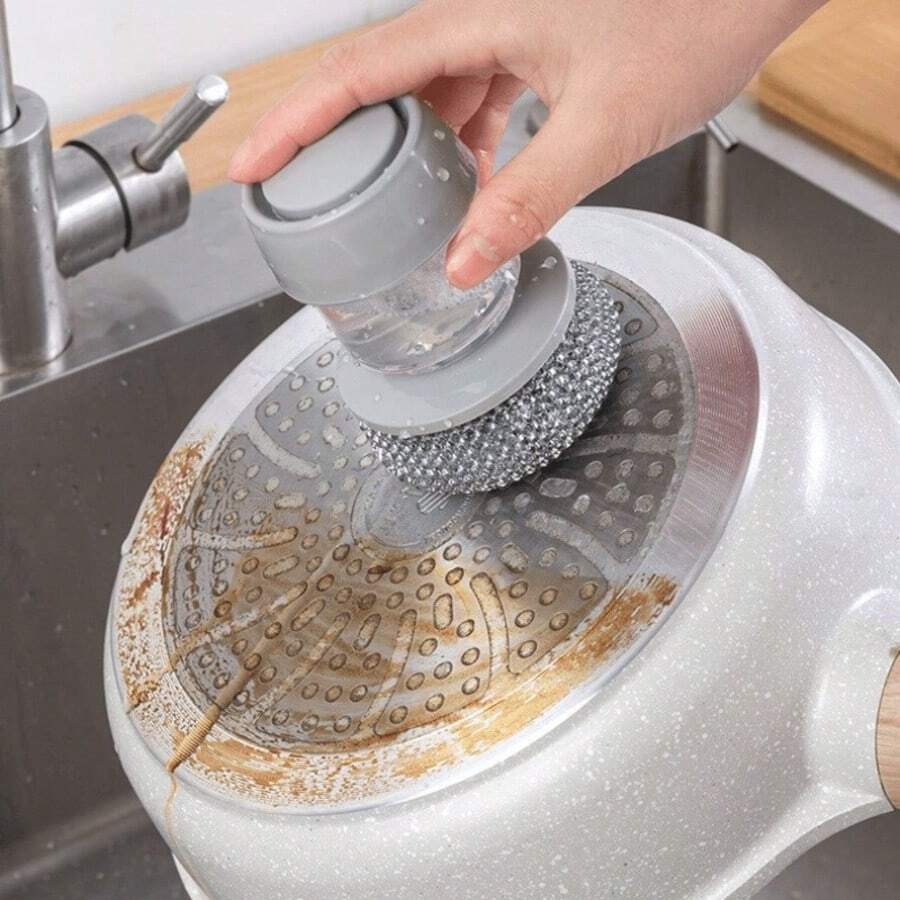 7pcs Press-To-Dispense Dish Scrubbing Brush Set, Replaceable Stainless Steel Wire Brush Head, Press-To-Dispense Design, Powerful Kitchen Cleaning Brush, Suitable For Pots, Pans, Stoves - 6Pcs - View 1