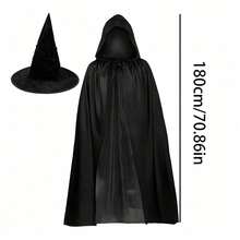 Halloween Black Velvet Witch Hat With Hood And Long Cape Set, Party Cosplay And Dark Wizard Costume Accessories - Black - View 13