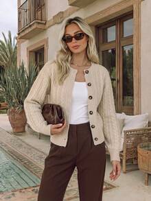 NiceArt Women's Autumn/Winter Vintage Cable Knit Wool Blend Cardigan, Long Sleeve Button Design, Suitable For Daily Wear, Autumn Outfit, Halloween - Khaki - View 3
