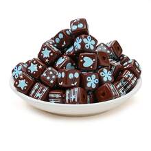 10pcs 15mm Autumn/Winter Brown Square Acrylic Beads With Blue Printed Pattern, DIY Jewelry Making Materials For Bracelets, Necklaces, Keychains, Bag Charms - Brown - View 6