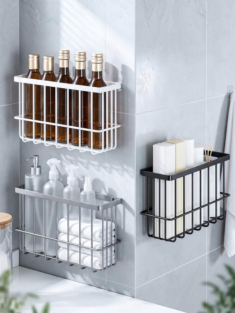 Wall Mount Metal Wire Storage Basket, Adhesive Hanging Bathroom Organizer Caddy, Rustproof Shower Storage Rack For Toiletries, Shampoo, Bathroom Accessories,Adhesive Hanging Basket, Rustproof Shower Shelf, Toiletries Storage Rack, Bathroom Wall Baske - Multicolor - View 1