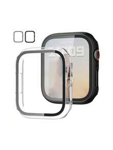 2pcs Tempered Glass + Protective Case Compatible With Apple Watch 16mm 44mm 40mm 42mm 41mm 45mm PC Anti-Collision Screen Protector Case Watch Series 10 11 9 8 7 6 5 3 SE - Transparent+Black - View 14