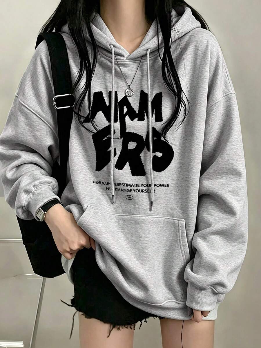Women's Hooded Sweatshirt, Autumn/Winter New Letter Print, Drawstring Design, With Pockets, Casual Versatile Loose Fit Top, Fashionable Daily Wear - Dark Gray - View 1