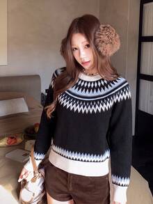 Fair Isle Black Loose Knit Sweater, Autumn/Winter Women's Korean Vintage Slouchy Stand Collar Slimming Pullover Top, Christmas Outfit - Black - View 5