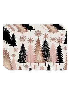 2/4/6 Pcs Christmas Deer Snowman Christmas Tree Print Table Placemat Watercolor Cartoon Style Polyester Rectangle Heat Resistant Dining Table Mat For Christmas Winter Party Home Decor - Pink - View 8