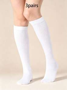 1/2/3 Pairs Women's Solid Color Calf Socks, Classic Plain Ribbed Cuff Knee-High Socks, Soft Comfortable Preppy Style Long Socks, Suitable For Uniform And Daily Wear - Multicolor - View 8