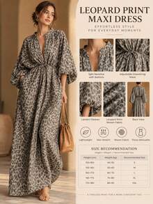 Women's Spring/Autumn Half-Button Front Leopard Print Lantern Sleeve Cinched Waist Long Dress - Multicolor - View 6