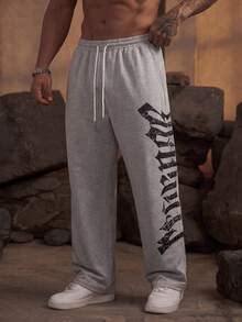 MAISONFOX Men's Letter Print Drawstring Waist Straight Leg Long Casual Pants, Suitable For Outings, Parties, Back To School, Sports, Fitness, Autumn Wear - Light Grey - View 4