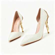 European Luxury Soft Glow Fine Glitter Pointed Toe Stiletto High Heels For Women, Metal Rhinestone Flower Decor Low Vamp Elegant Party Evening Shoes - White - View 9