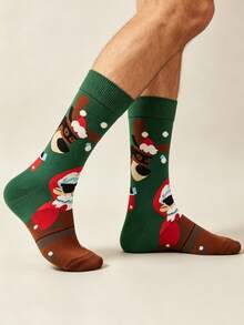 1 Pair Men's Cool Christmas Santa Claus & Reindeer Print Mid-Calf Socks - Green - View 3