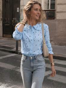 Blus Wanita Lengan 3/4 Motif Hati, Kerah Peter Pan dengan Manset Berkerut, Gaya Romantis, Cocok untuk Kantor, Kasual, Musim Semi, Musim Gugur, Liburan Musim Panas - Baby Blue - View 1