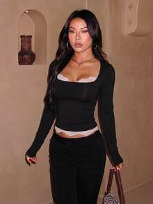 Elegant Women's Black Long Sleeve Square Neck Lace Trim Knitted Top Regular Fit Fall Fashion - Black - View 6