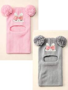 1Pc Children 1‑8Y Winter Knit Balaclava Helmet Hat, Cute Sleeping Rabbit , Two Big Fluffy Pom Pom Balls, Full Neck Cover Warm Keeping For Outdoor Use - Multicolor - View 23