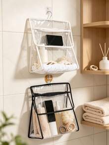 1pc Clear Transparent Hanging Storage Bag, Simple Style PVC Rectangular Organizer With Dual Compartment Design, Wall Mount Pouch For Holding Towels And Small Items For Bathroom Daily Home Use - Multicolor - View 6