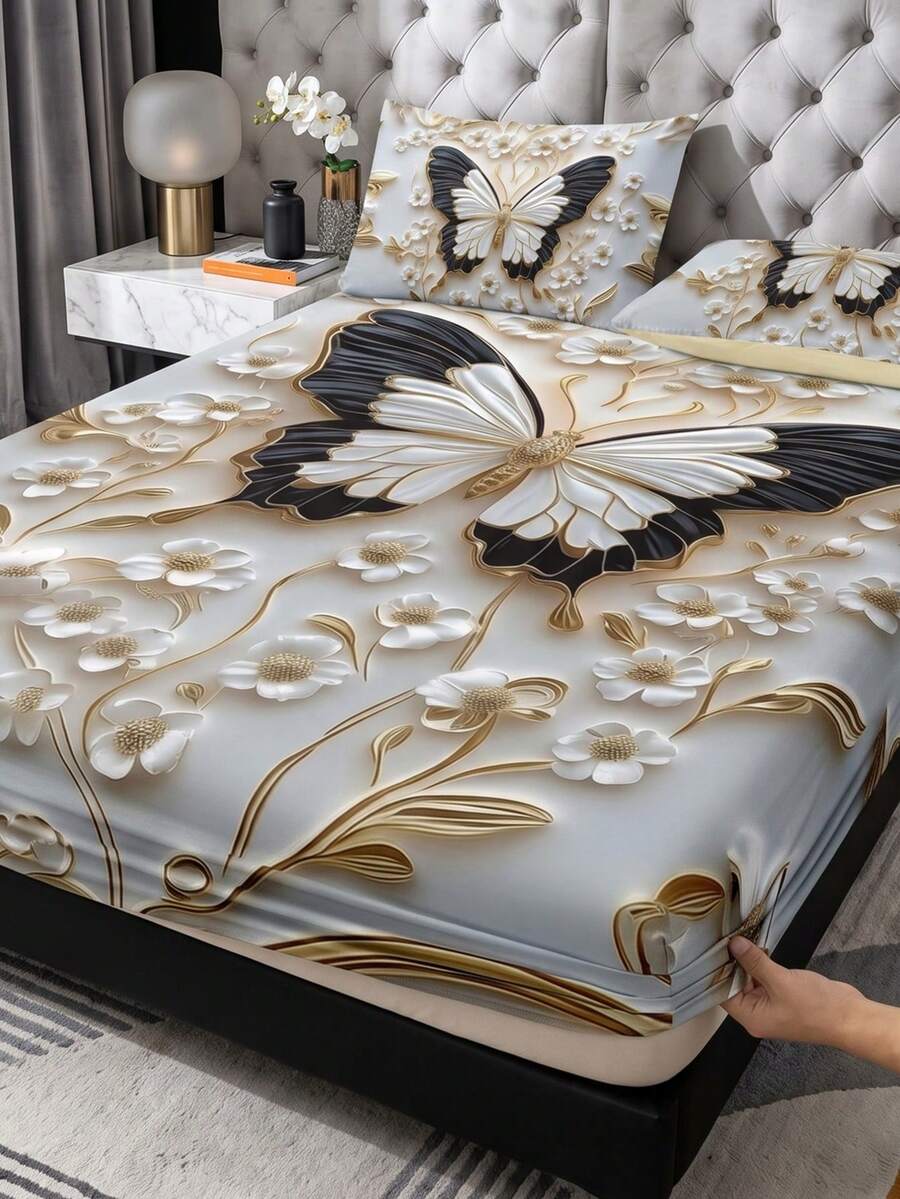 1pc Butterfly Pattern Fitted Sheet Mattress Protector, Luxury Bed Cover, Comfortable Home Textile, Fits Single/Double/Queen/King Size, All Season, Machine Washable, Dust-Proof & Non-Slip, Pillow And Pillowcase Not Included