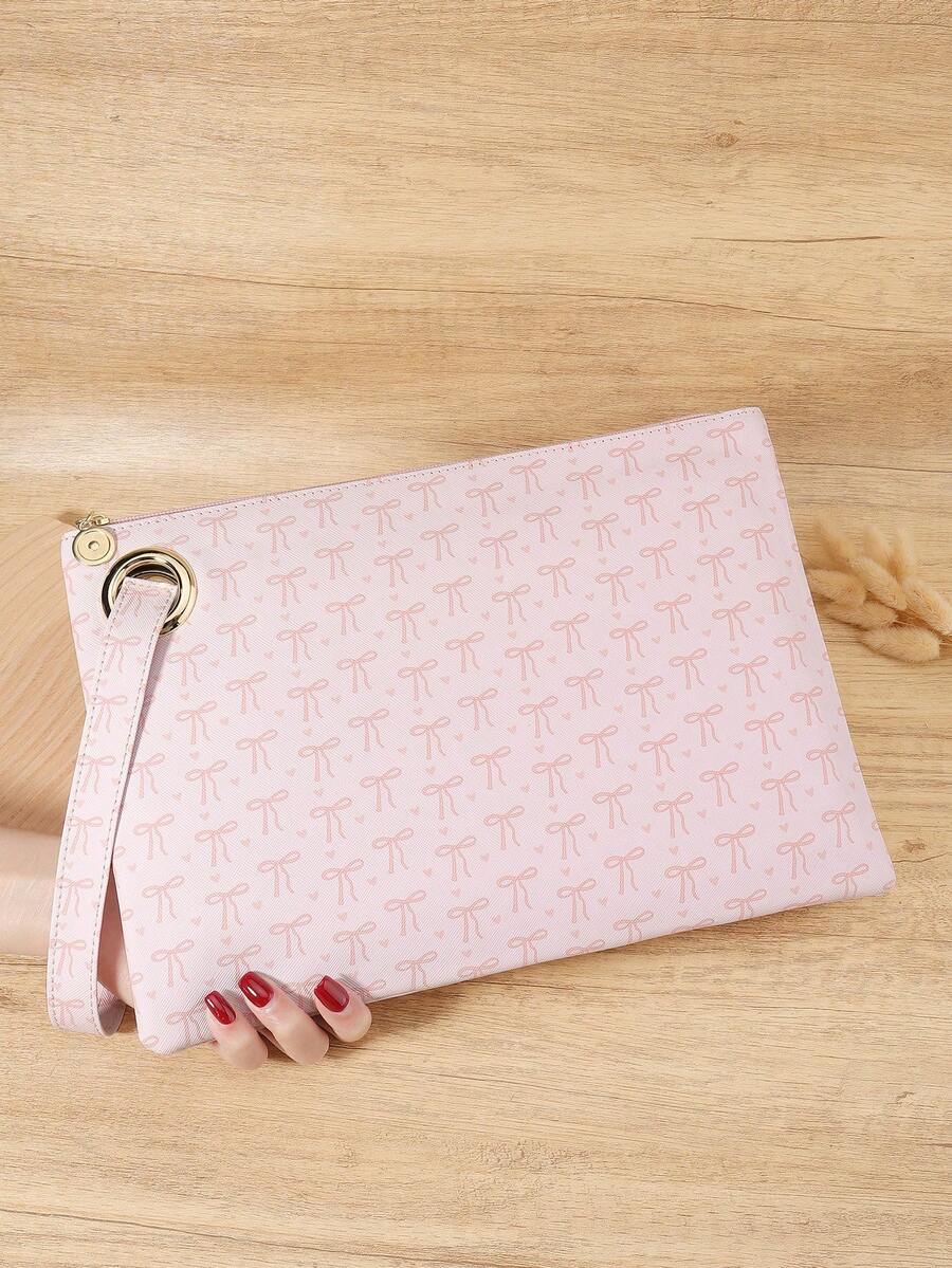 Simple Bow Print Women's Handbag, Zipper Closure Portable Phone, Umbrella And Glasses, Large Capacity Suitable For Outdoor And Travel - Pink - View 1