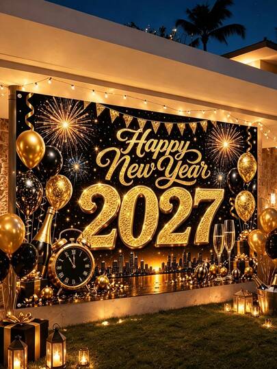 1Pc Black Gold Happy New Year 2027 Backdrop Banner,New Year Background Cloth With Balloon,Clock,Champagne Design,New Year Photography Background Decoration,Happy 2027 New Year Party Decor,Happy New Year Decorations,New Year Celebration,New Year Eve Ceremonies Decor