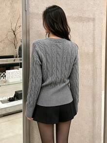 Women's Solid Color Cable Knit Split Hem Crew Neck Long Sleeve Sweater Base Layer For Winter - Grey - View 10