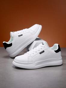 Men's Height-Increasing Breathable Contrast Color Perforated Round Toe Low-Top Lace-Up Thick Sole Street Style White PU Sneakers - Black - View 7