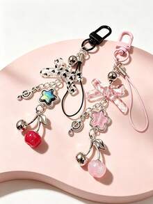 1pc Polka Dot Bow Cherry Keychain Phone Chain Bag Pendant Anti-Lost Decorative Accessory - Multicolor - View 1