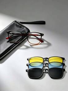 Unisex 3-In-1 Magnetic Clip On Square Eyewear Set With 3 Replaceable Lens & Storage Pouch,Suitable For Driving Daily Wear - Grey - View 3