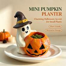 Halloween Ghost Hugging Pumpkin Flower Pot, Dried Flower Vase Container, Autumn Harvest Desktop Decor - Multicolor - View 4