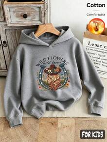 Autumn/Winter 3 Pieces Set For Girls: Fleece Hooded Sweatshirt With Denim Boots, Featuring Horse, Flower And Text Prints, Long Sleeve Soft Y2K Style - Heather Gray+Heather Gray+Heather Gray - View 3