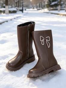 1 Pair New Girls' Tall Boots, Soft PU + Rhinestone Butterfly Decor, Round Toe Soft Sole Fashionable Cute High-Top Riding Boots, Suitable For Female Students Autumn/Winter Daily, Vacation, Campus, Outdoor Wear - Coffee Brown - View 7