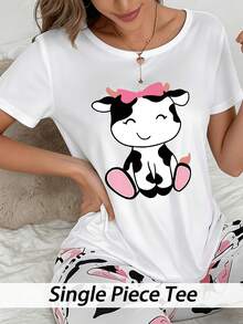 1pc White Cartoon Print Short Sleeve Sleepwear Top For Women - White - View 3