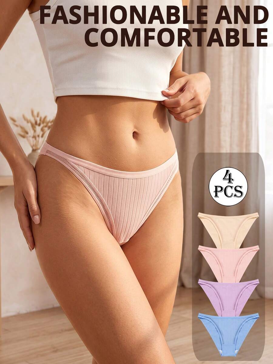 4pcs Macaron Color Lace Low Waist Breathable Women's Thong Panties - Multicolor - View 1