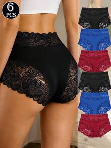 6pcs Women's High Waist Comfortable Lace Patchwork Panties, Elegant Triangle Briefs - Multicolor - View 1