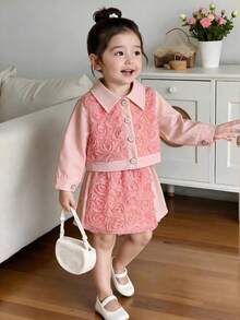 2pcs Baby Girl Princess Style 3D Rose Lapel Short Jacket & Matching Patchwork Skort Set, Spring/Autumn Lightweight - Baby Pink - View 2