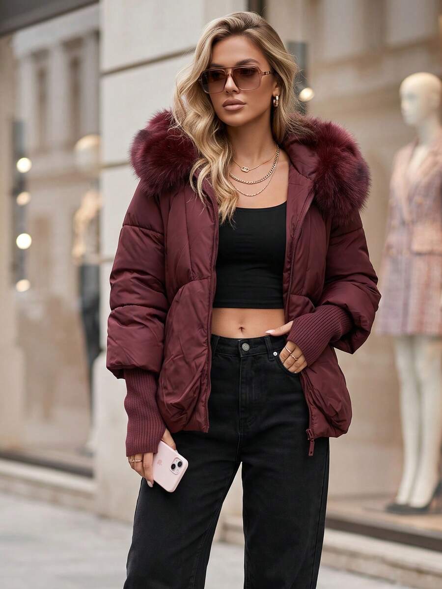 Women's Quilted Puffer Jacket, Faux Fur Hood Trim, Zip Front, Ribbed Cuffs, Relaxed Fit - Burgundy - View 1