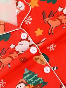 2pcs/Set Tween Girl Pajama Set, Cartoon Santa Claus & Reindeer Print, Lapel Long Sleeve With Elastic Waist Long Pants, Flame Retardant Knit Fabric, All Season Wear - Red - View 5