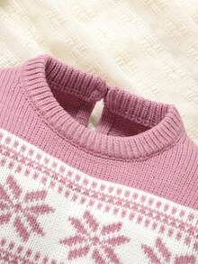 Vintage Snowflake Jacquard Baby Sweater & Romper 2 Pieces Set, Round Neck Cable Knit Jumpsuit With Pom Pom Hat, Stylish Autumn/Winter Outfit For Infants - Pink - View 6