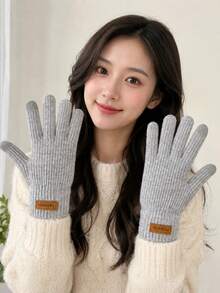 1 Pair Thick Ribbed Knit Touchscreen Gloves, Unisex Minimalist Leather Label Woolen Gloves, Autumn/Winter Outdoor Cycling Commuting Thick Warm Wrist Protection Finger-Separated Gloves - A - View 11