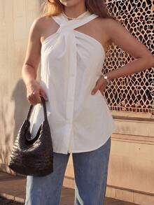Women's Asymmetrical Twist Neck Halter Sleeveless Top White Summer - White - View 4
