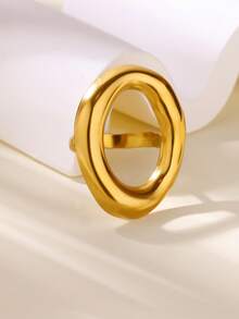 Exaggerated Geometric Hollow Out Oval Rings For Women Men Gold Color Stainless Steel Ring Wedding Fashion Punk Finger Jewelry Party Gifts - 1 - View 2